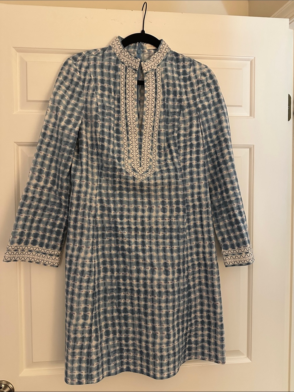 Tory Burch Blue and White Printed Long-Sleeve Tunic Dress